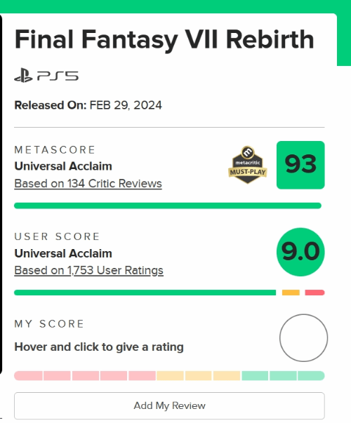 《最终幻想7：重生》M站评分升至93-玩家评分9.0